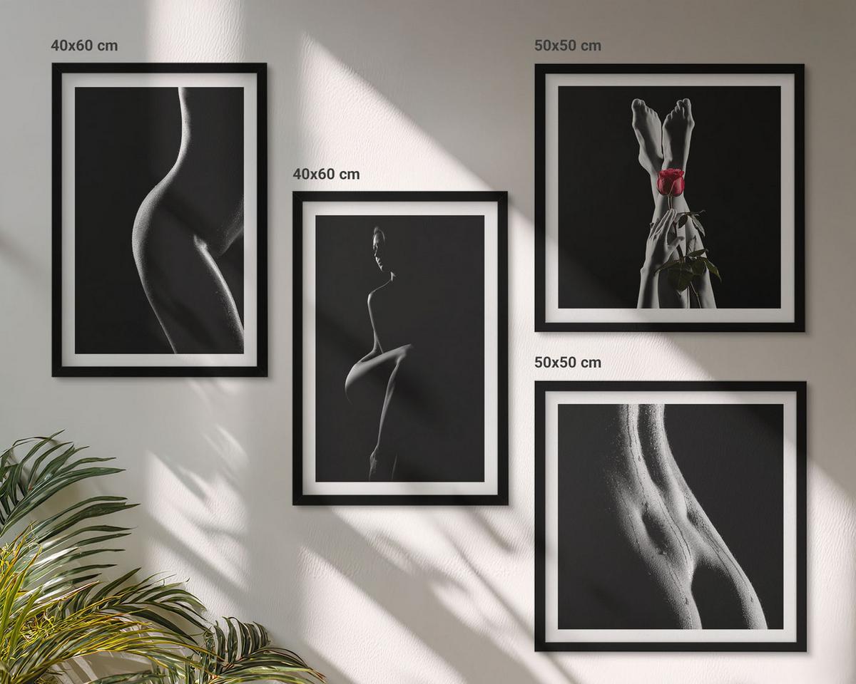BILDER SET 4er Set - 50x50 cm & 40x60 cm Schwarzer Rahmen - Schwarze und weiße weibliche Formen - Schwarz, Kunststoff (50/50cm) - TULUP