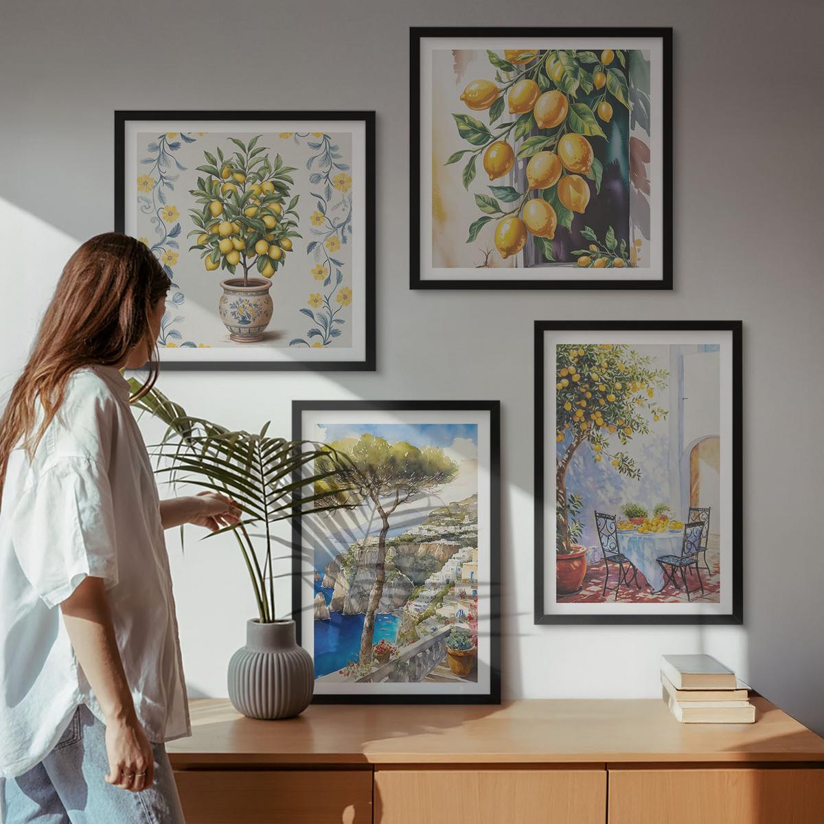 BILDER SET 4er Set - 50x50 cm & 40x60 cm Schwarzer Rahmen - Zitronenbäume am Meer - Schwarz, Kunststoff (50/50cm) - TULUP