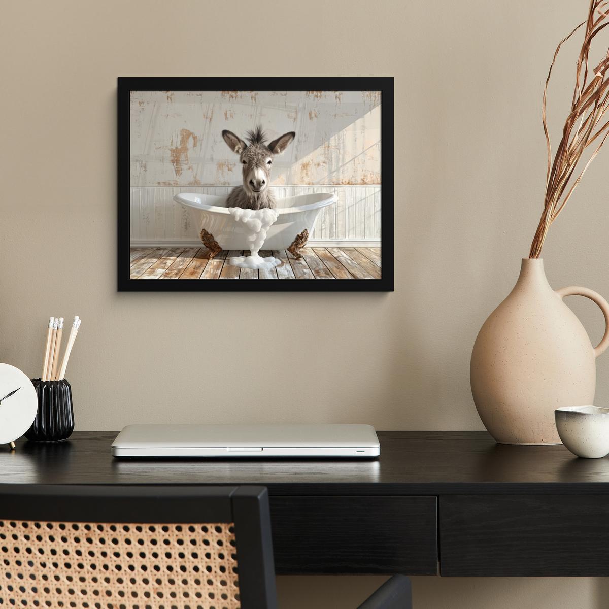 POSTER MIT RAHMENGERAHMTES BILD Esel - Tiere - Badewanne - Schaumstoff 40x30 cm - Weiß, Papier (40/30cm) - MuchoWow