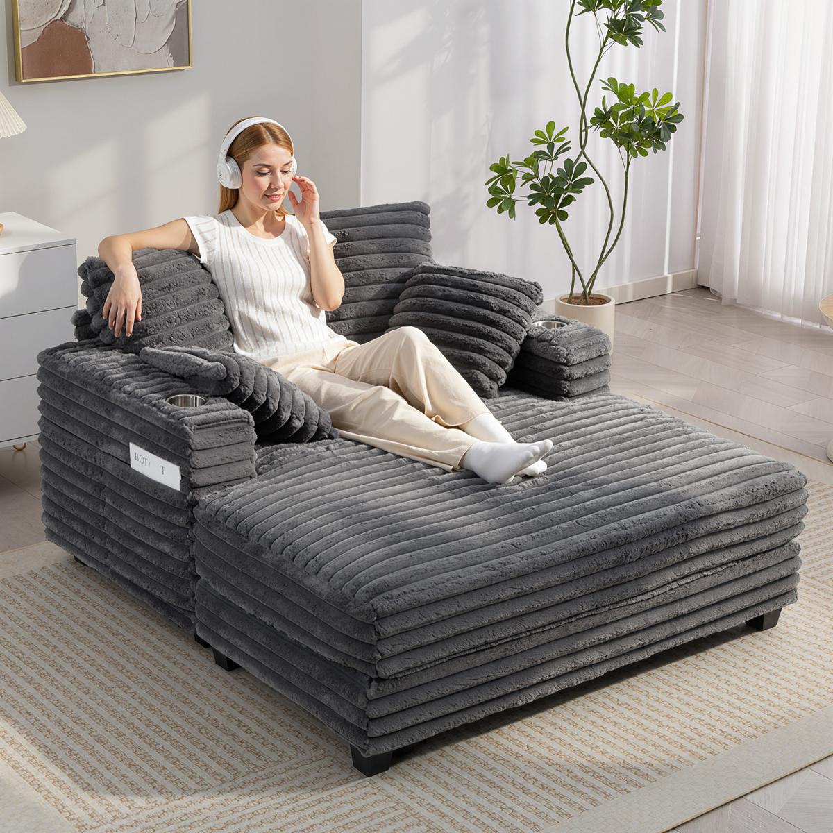 SCHLAFSOFA mit Getränkehalter 134/151/89 cm Grau - Schwarz/Grau, Kunststoff/Textil (134/89/151cm) - HOMCOM