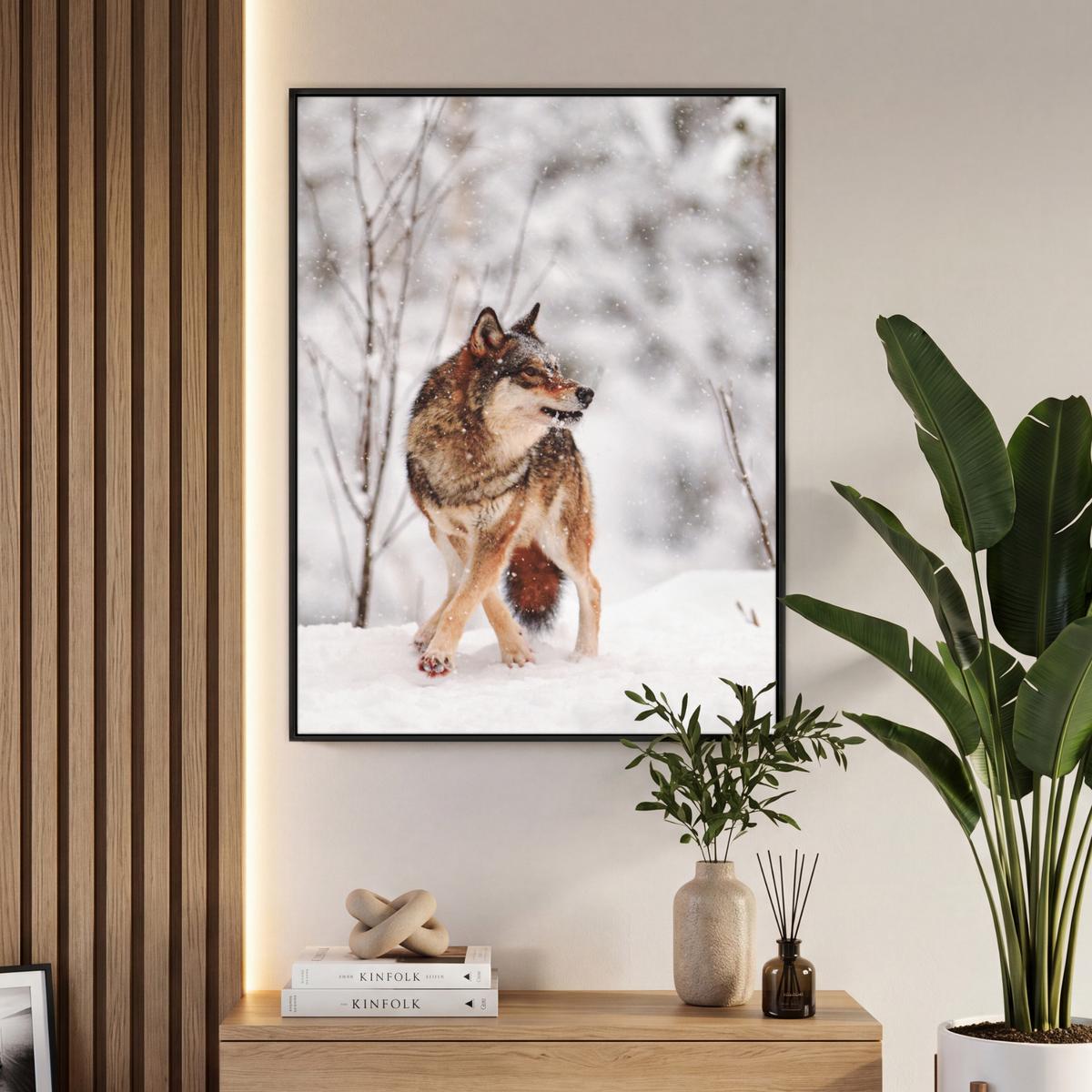LEINWAND Bilder mit Rahmen - Wolf - Winter - Schnee - Natur - Tiere - 70x100 - Haselnussfarben, Textil (70/100cm) - MuchoWow
