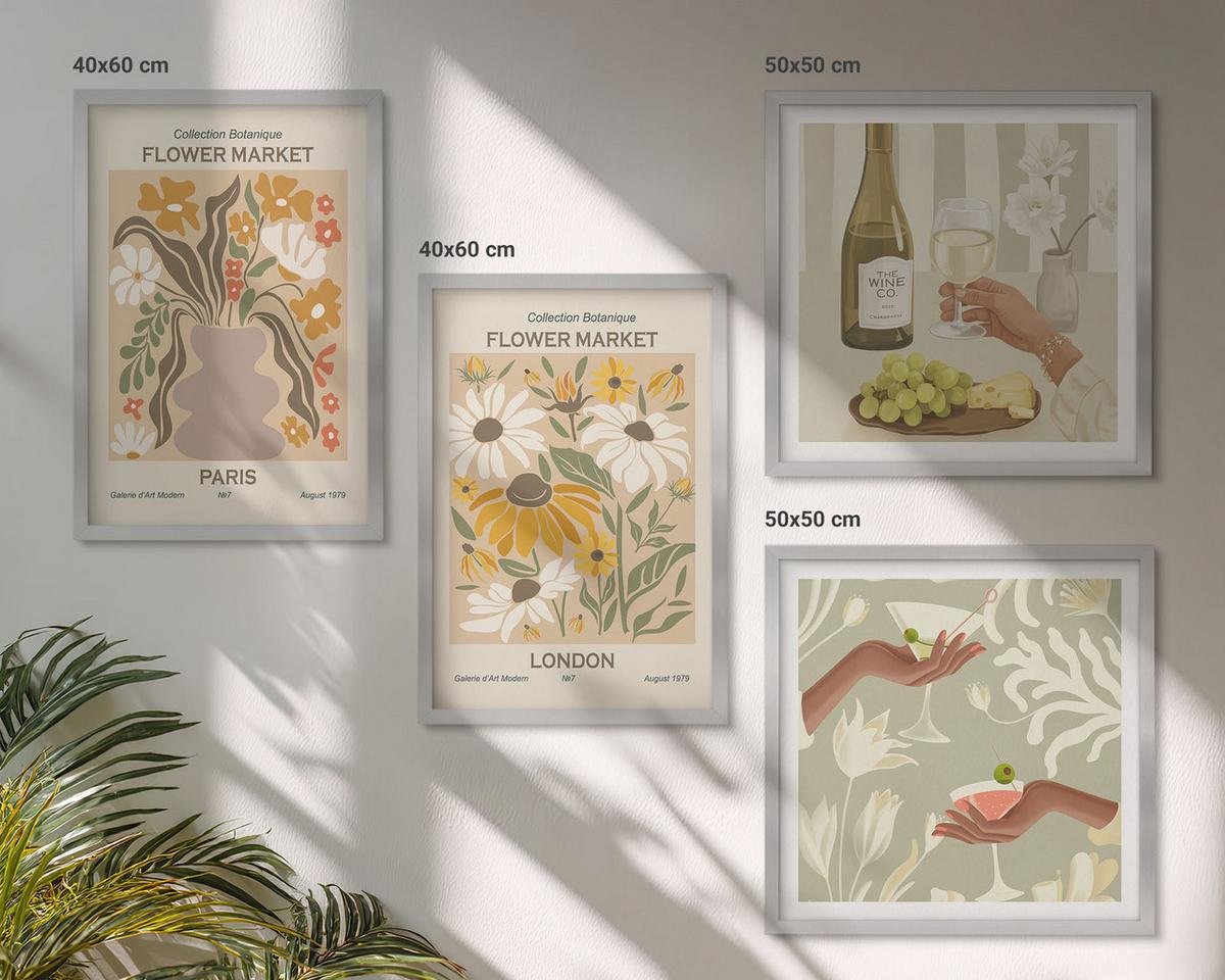 BILDER SET 4er Set - 50x50 cm & 40x60 cm Silberner Rahmen - Blumenmuster aus europäischen Städten - Silberfarben, Kunststoff (50/50cm) - TULUP