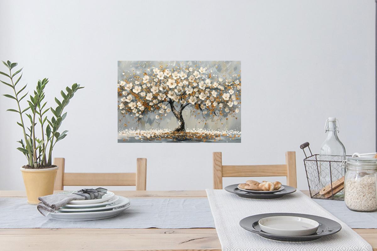 WANDTATTOO Baum - Blumen - Weiß - Natur - Kunst Deko Wohnzimmer 60x40 cm - Weiß, Kunststoff (60/40/0.1cm) - MuchoWow