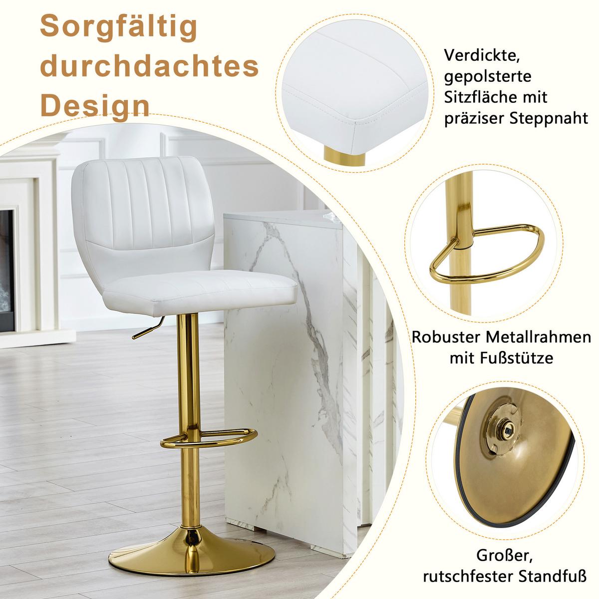 BARHOCKER 2ER-SET aus Kunstleder in Weiß und Gold, höhenverstellbar und 360° drehbar - Weiß, Leder (52/62/45cm) - Urban Meuble