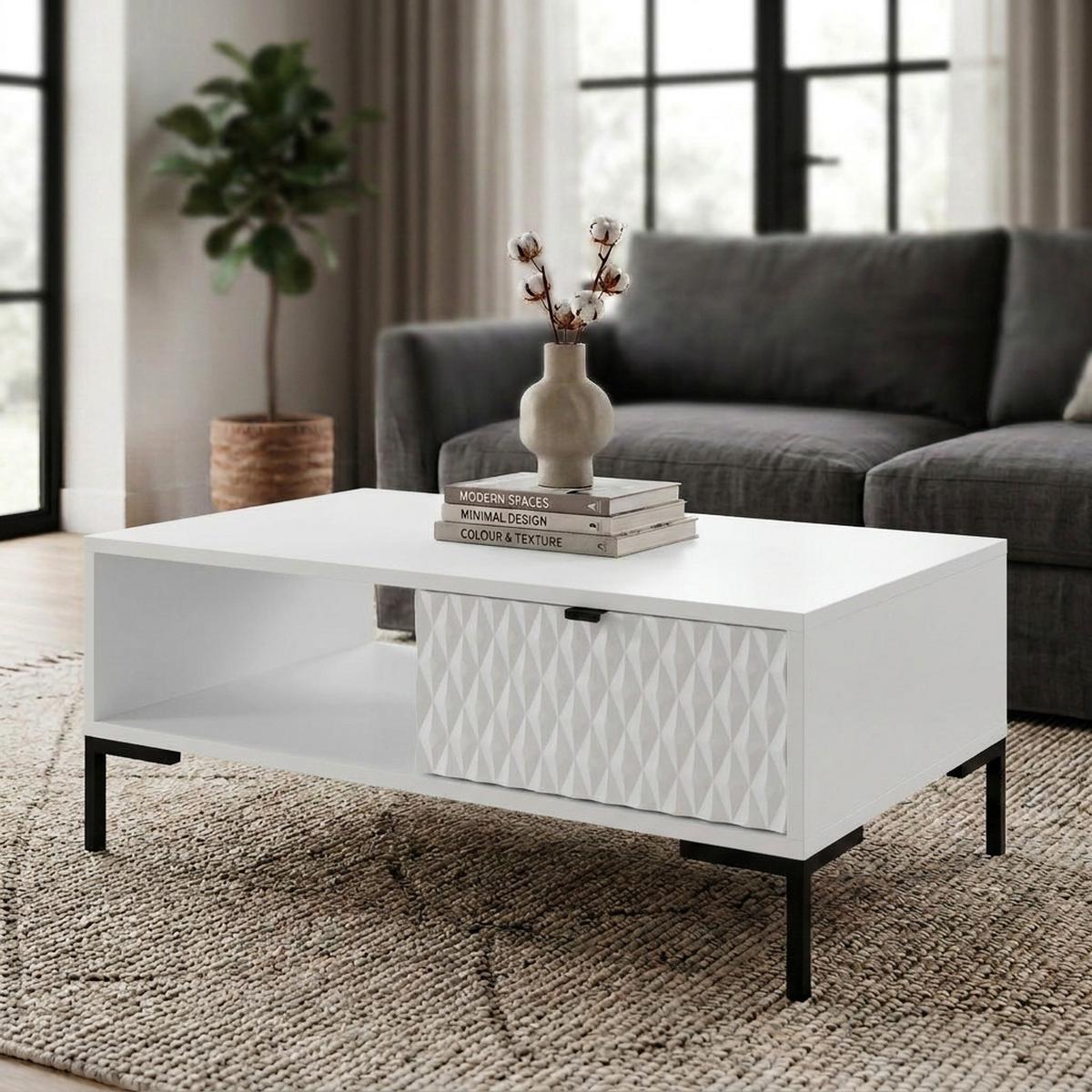 COUCHTISCH Montreal mit Schublade und offenem Fach, dekorative 3D-Fronten, 100x60 cm, Weiß - Schwarz/Weiß, Holzwerkstoff/Metall (47/100/60cm) - Beautysofa