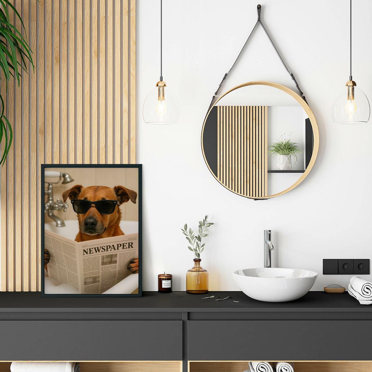 POSTER für WC Badezimmer HUND in Badewanne Retro Zeitung Abstraktion 20x30cm - Beige/Schwarz, Papier (20/30/30cm) - Muralo