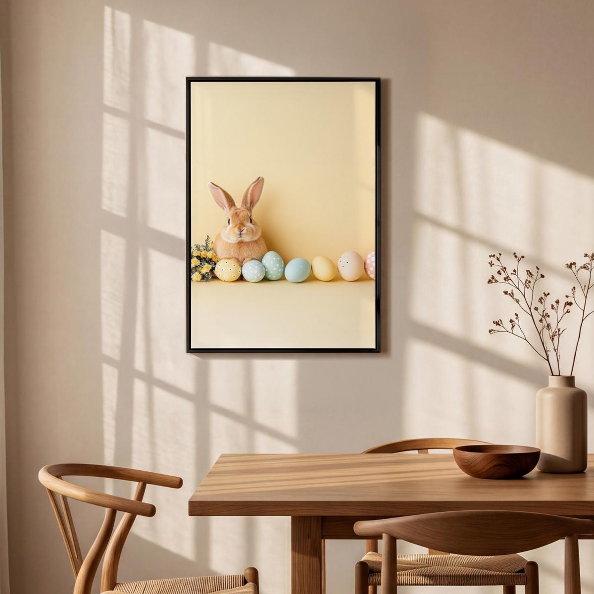 LEINWAND Bilder mit Rahmen - Eier - Kaninchen - Pastellfarbtöne - 60x90 - Hellgelb, Textil (60/90cm) - MuchoWow