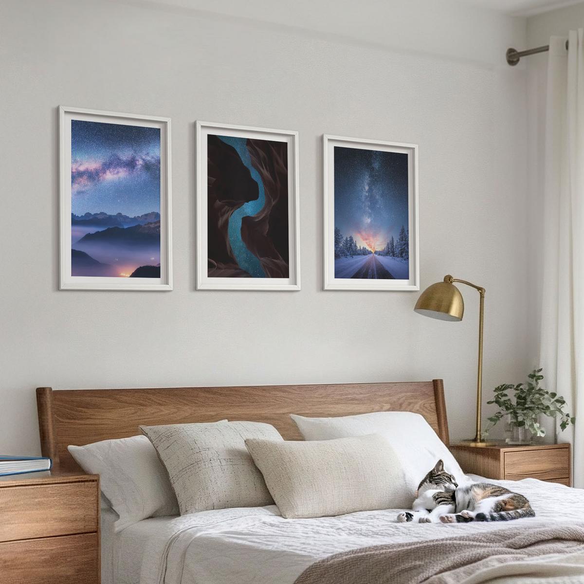 BILDER SET 3er Set - 40x60 cm Weißer Rahmen - Nachthimmel, Berge, Winterlandschaft - Weiß, Kunststoff (40/60cm) - TULUP