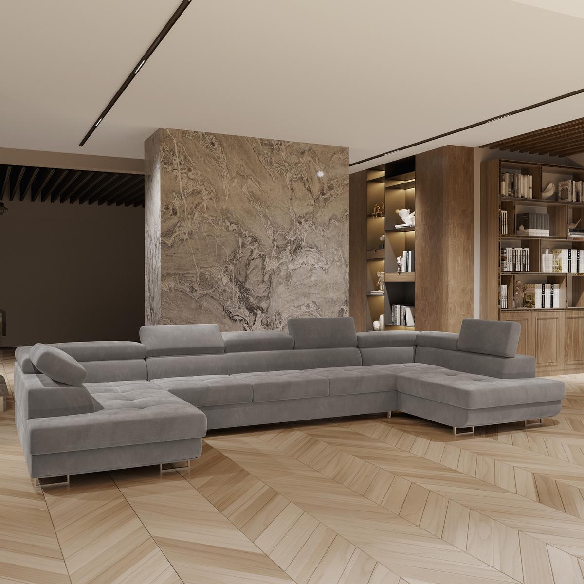 WOHNLANDSCHAFT ISOLANO Grau Velours-Stoff mit Schlaffunktion - Grau, Holz (408/90/202cm) - MASSENO