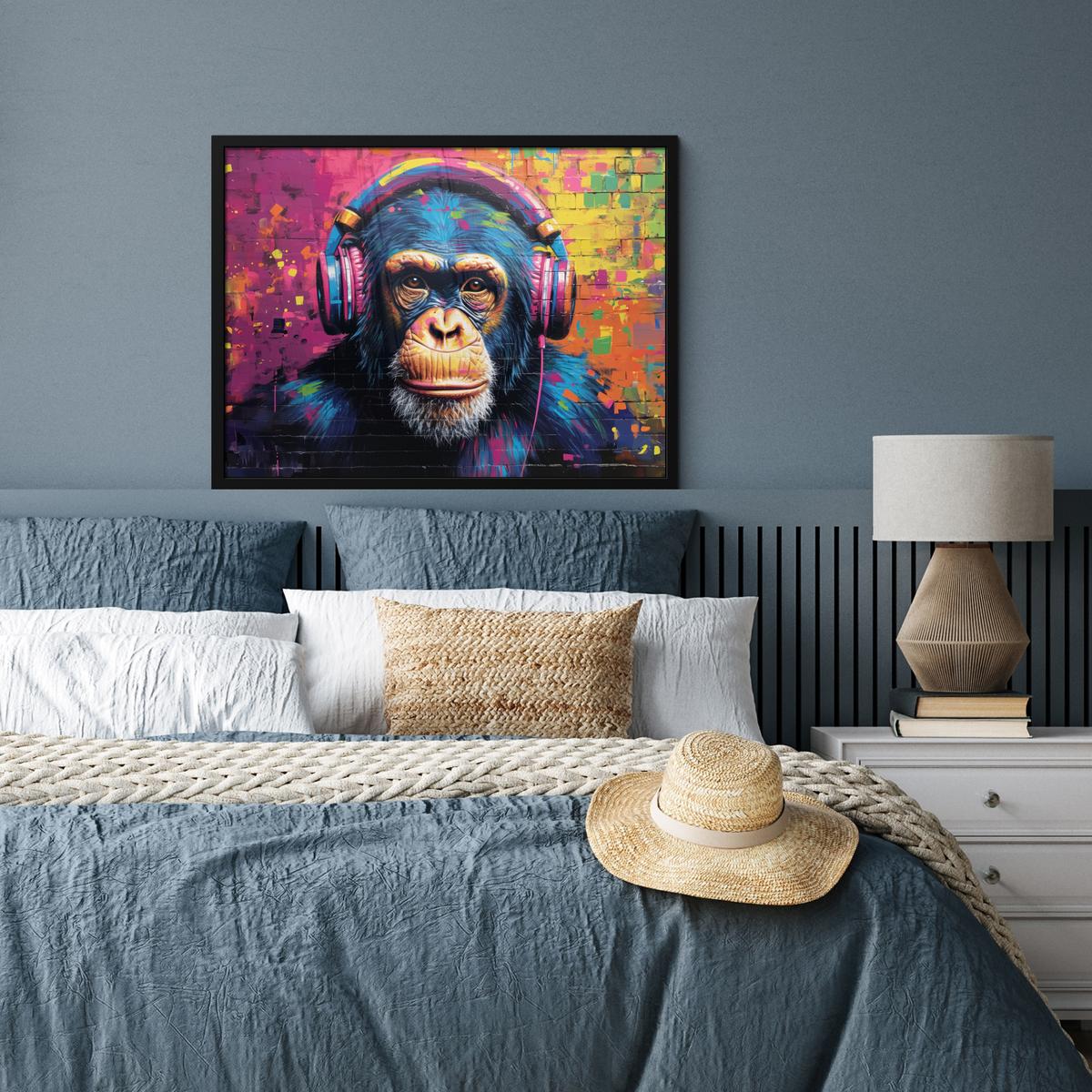 POSTER MIT RAHMENGERAHMTES BILD Graffiti - Schimpanse - Straßenkunst - Kopfhörer - Affe 80x60 cm - Blau, Papier (80/60cm) - MuchoWow
