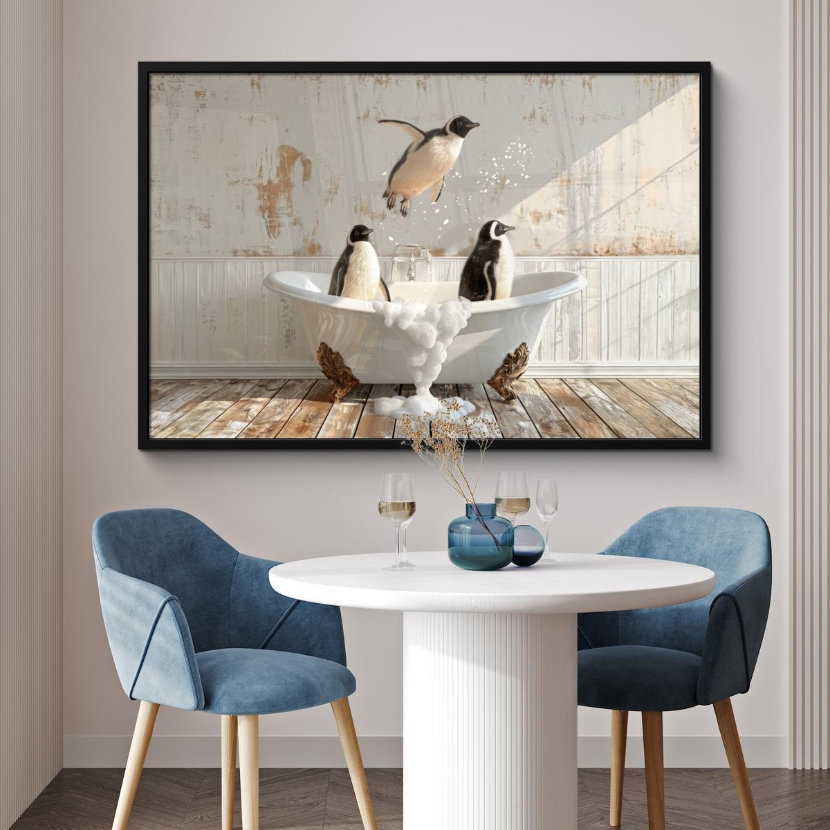POSTER MIT RAHMENGERAHMTES BILD Vintage - Pinguin - Badewanne - Schaumstoff 120x80 cm - Schwarz, Papier (120/80cm) - MuchoWow