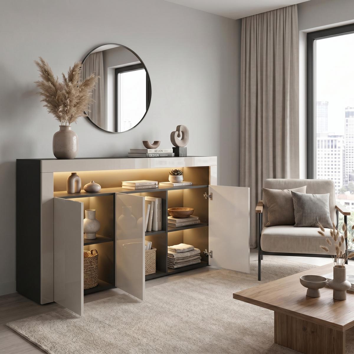 SIDEBOARD Valencia Sandgrau Hochglanz / Sandgrau Hochglanz - Sandfarben, Holzwerkstoff (155/92/40cm) - Vladon