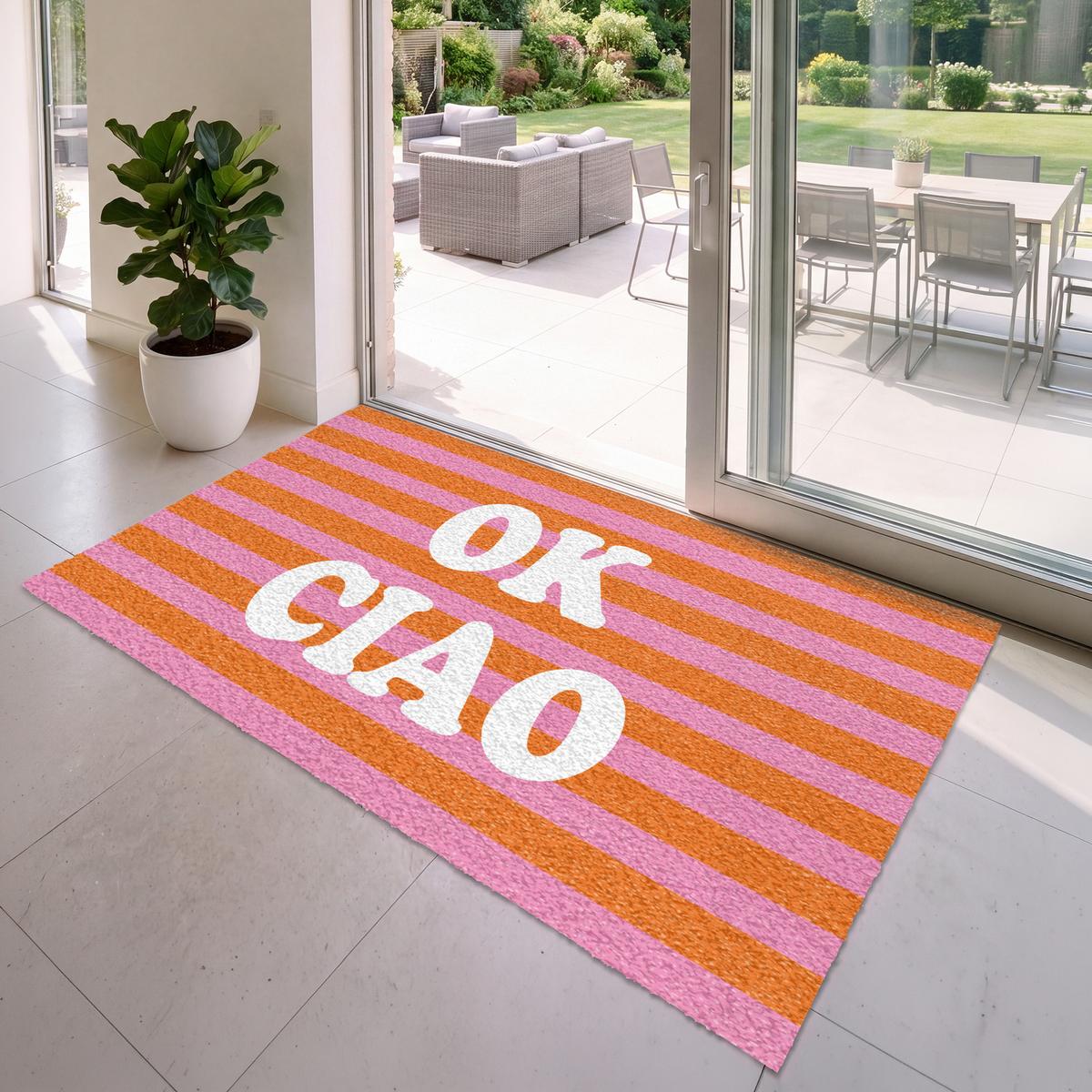 FUSSMATTE Ciao - Zitat - Streifen Sauberlaufmatte 180x120 cm - Orange, Kunststoff (180/0.4cm) - MuchoWow