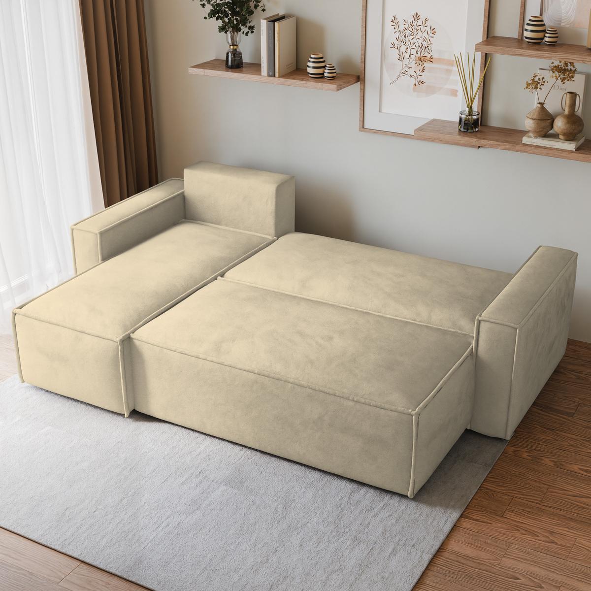 ECKSOFA RAVELO M Creme Velours-Stoff mit Schlaffunktion - Creme/Grau, Holz/Kunststoff (240/140cm) - MASSENO