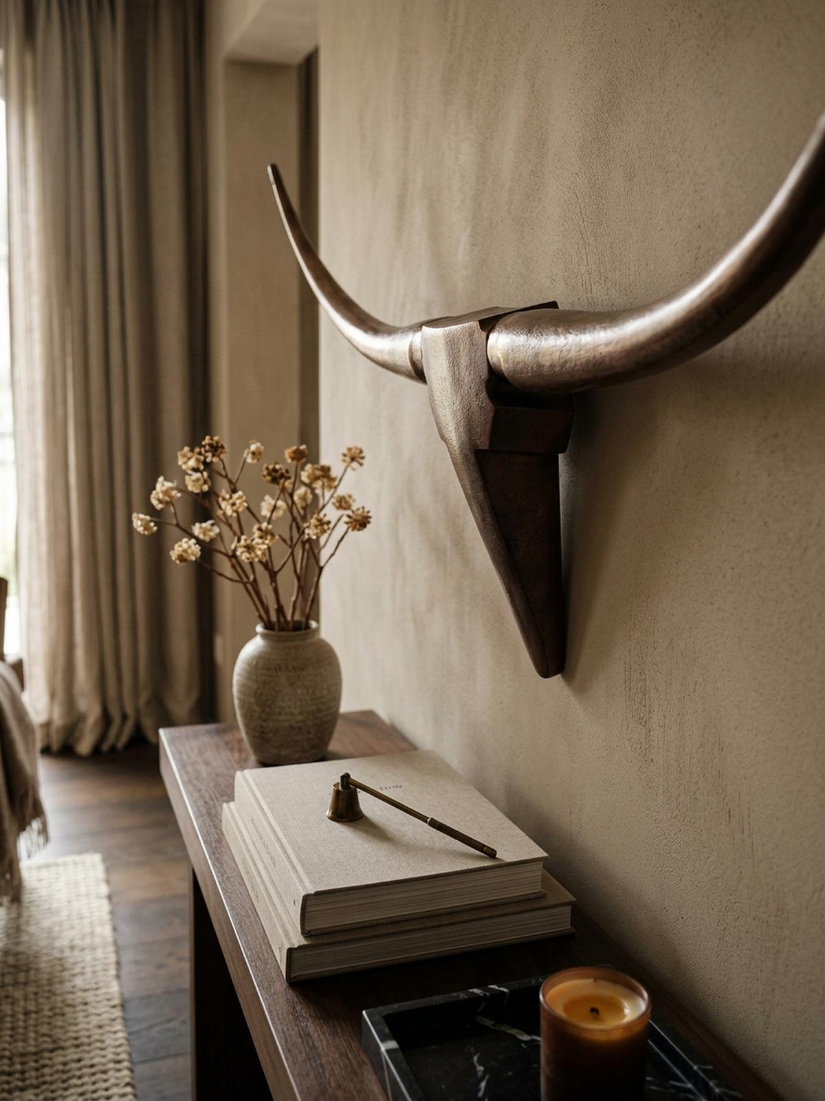 WANDDEKO Bull Geweih aus Aluminium 125 cm Breite, Bronze 100x6x40 cm - Braun, Metall (100/40/6cm) - KADIMA DESIGN