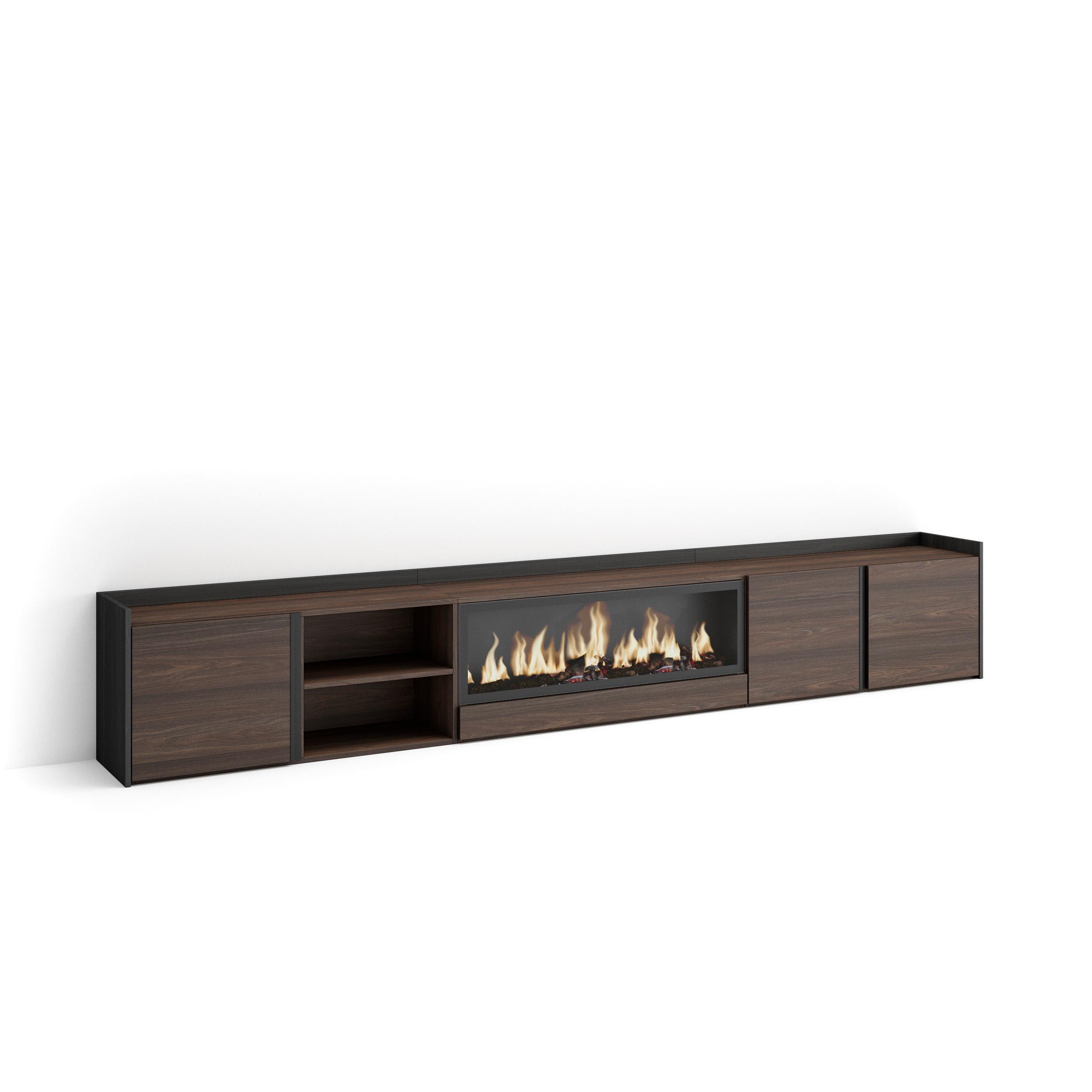 LOWBOARD, Dunkler Eiche und Schwarz, 315/35/50cm, Kamin mit Feuereffekt XXL - Dunkelbraun, Holzwerkstoff (315/50/35cm) - Skraut Home