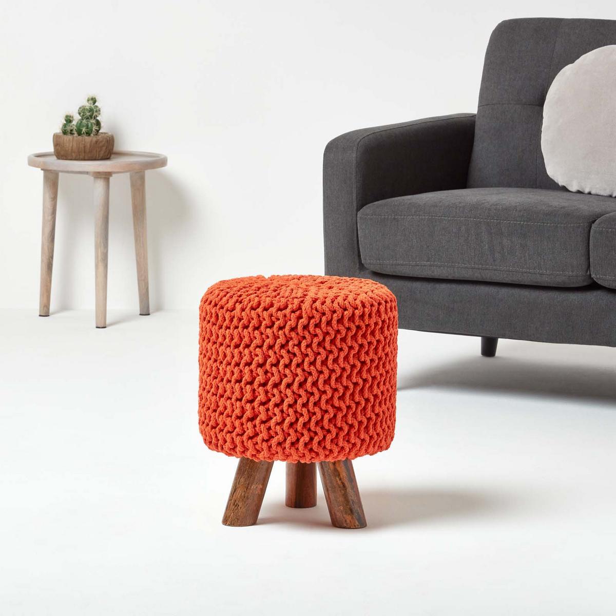 STRICK-HOCKER orange, Dreibein 32/32/42 cm - Orange, Textil (32/42/32cm) - Homescapes