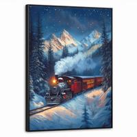 LEINWAND Bilder mit Rahmen - Zug - Weihnachten - Schnee - Weihnachtszug - 70x100 - Anthrazit, Textil (70/100cm) - MuchoWow