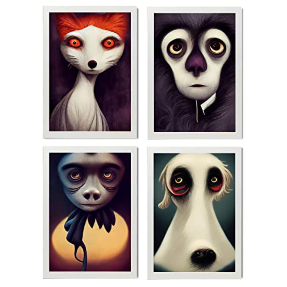 POSTER Set mit 4 Hören Tier im T Burton Goth Stil A3 Weißer Rahmen - Weiß, Papier (29.7/3cm) - Nacnic