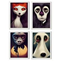 POSTER Set mit 4 Hören Tier im T Burton Goth Stil A3 Weißer Rahmen - Weiß, Papier (29.7/3cm) - Nacnic
