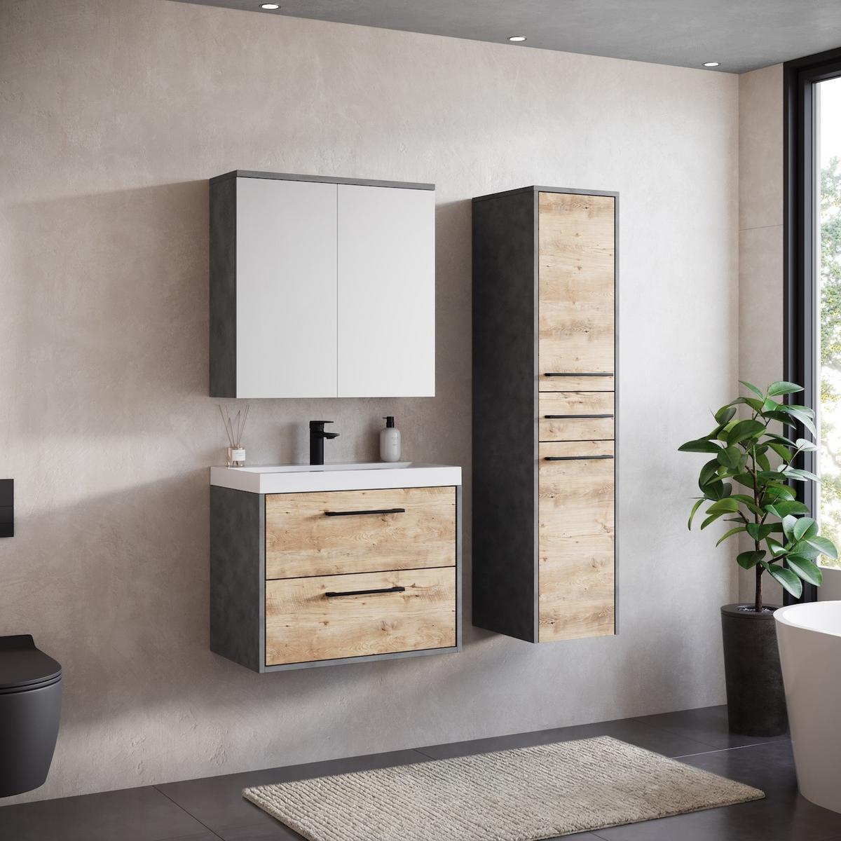 BADMÖBEL-SET Florence 4 Teile Kastanien Eiche / Grau - 60 x 35 x 51 cm - Eichefarben/Grau, Holz (60/51/35cm) - Badplaats