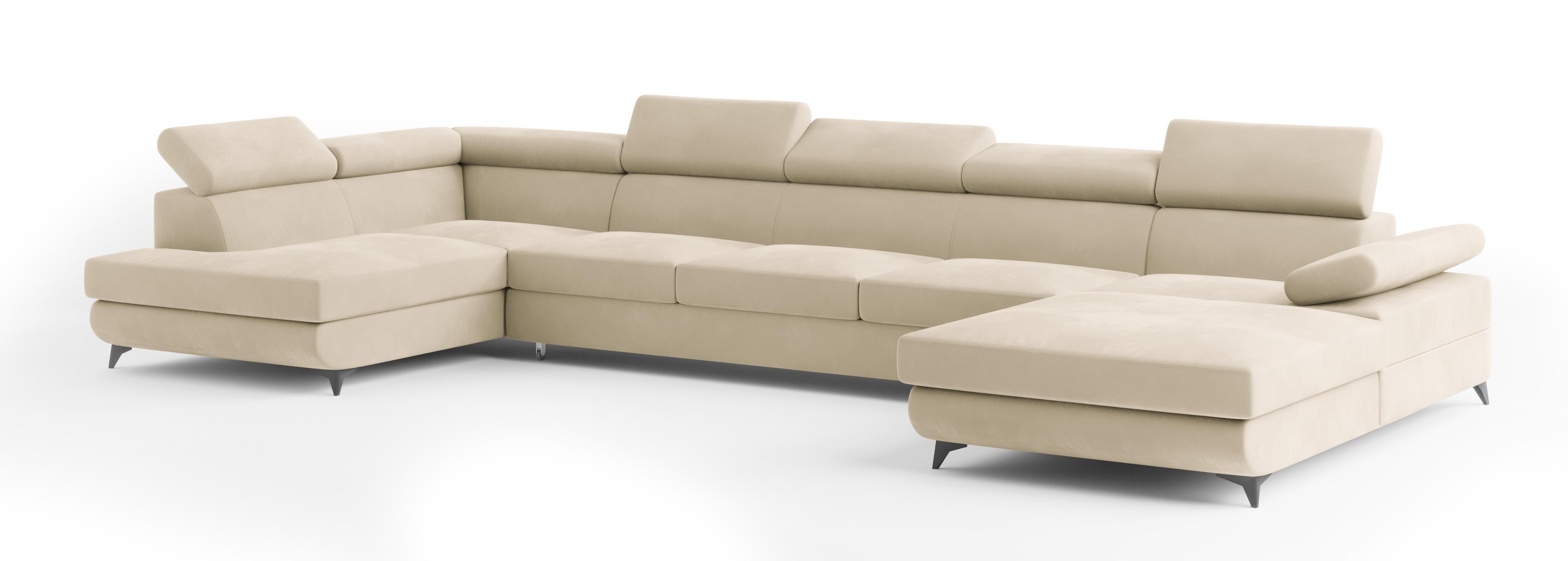 WOHNLANDSCHAFT MONTIVA Creme Velours-Stoff mit Schlaffunktion - Creme, Holz (410/89/190cm) - MASSENO