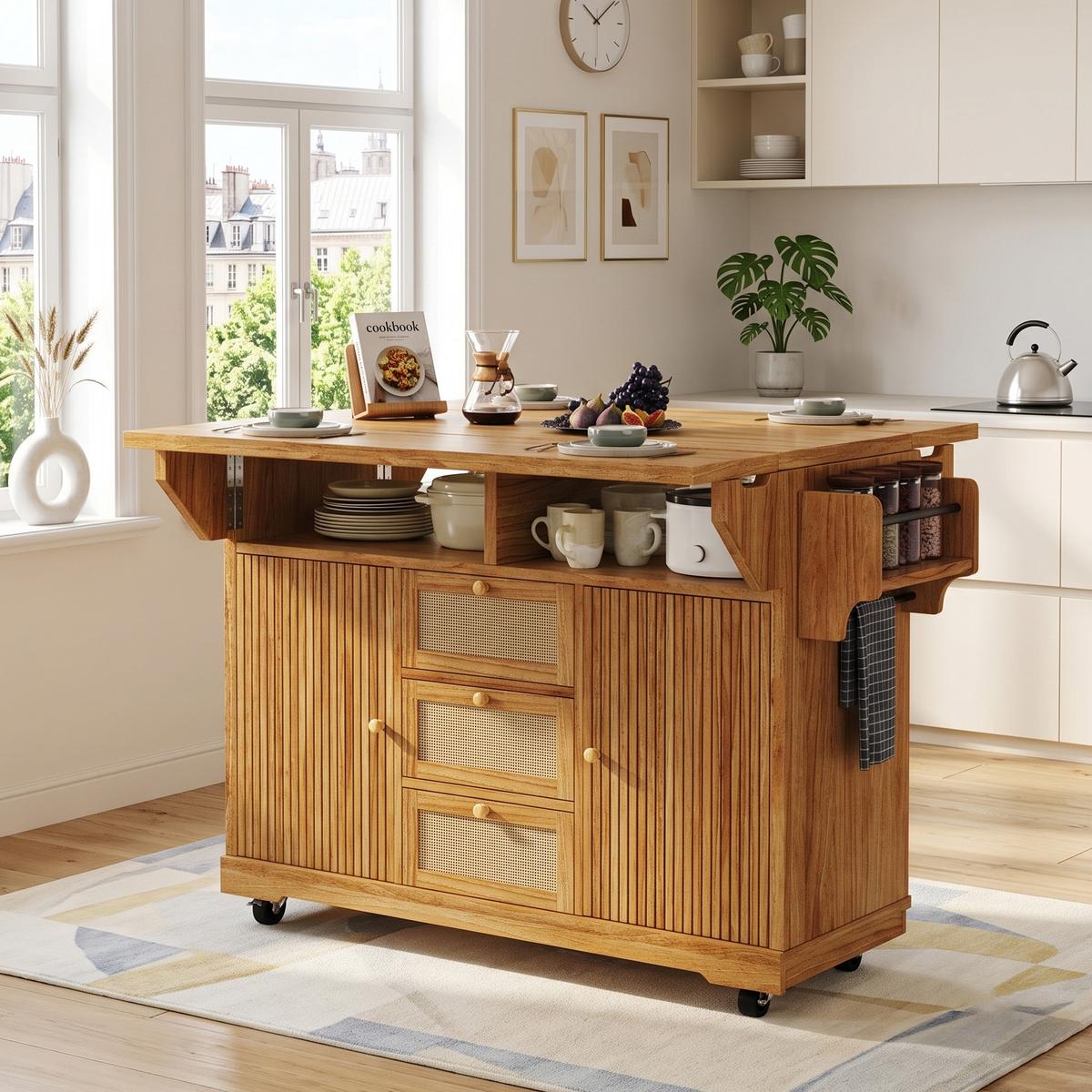 KÜCHENINSEL Dunkelbraun Ausklappbar Mit PE-Rattanschubladen & Rollen - Dunkelbraun, Holzwerkstoff (142.5/95/80cm) - Urban Meuble