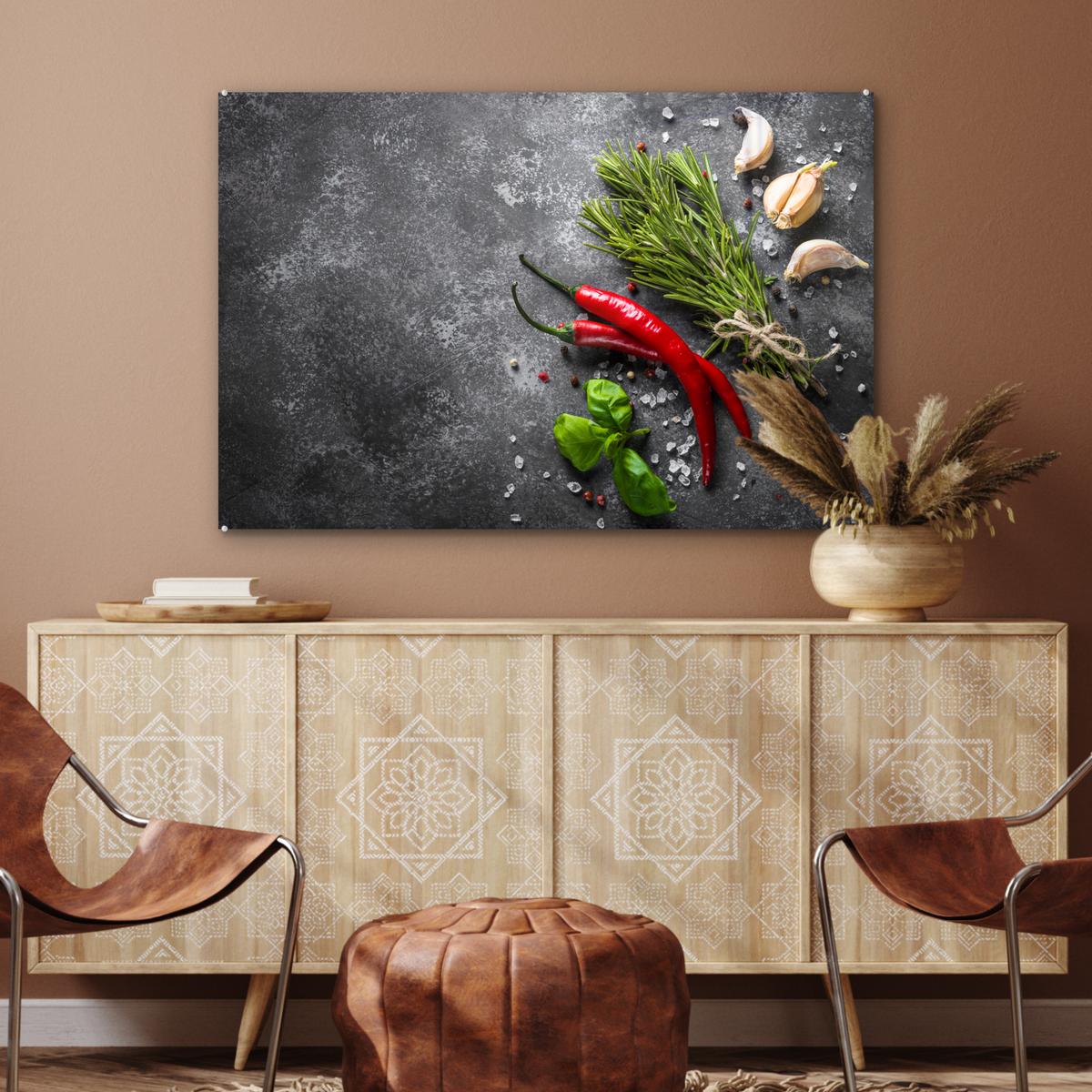 ACRYLGLASBILD Pfeffer - Kräuter - Gewürze - Beton Wandbild Schlafzimmer 120x80 cm - Dunkelgrau, Glas (120/80cm) - MuchoWow