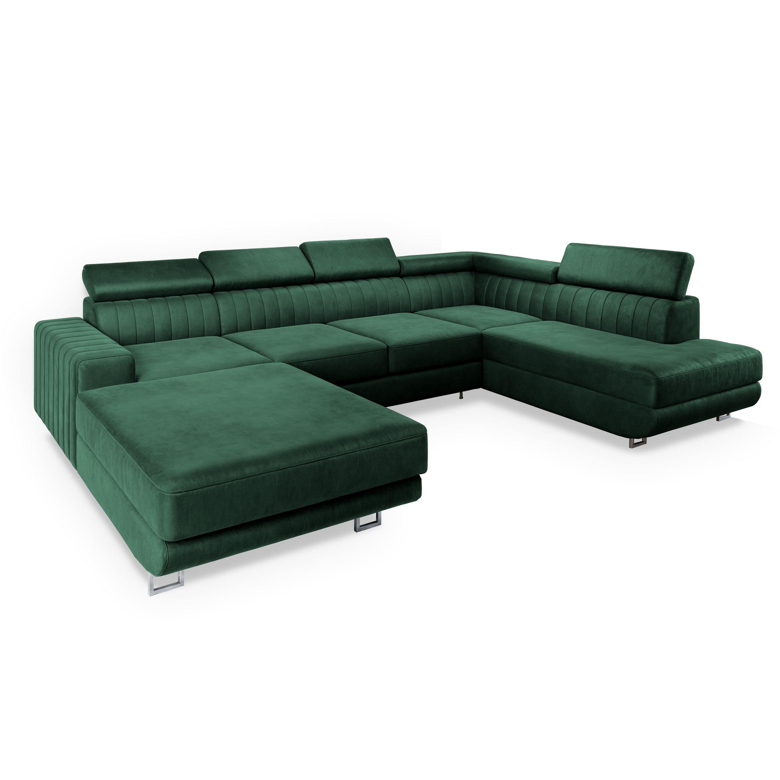 WOHNLANDSCHAFT SIENA R-S Grün Velours-Stoff mit Schlaffunktion - Silberfarben/Grün, Holz/Textil (335/89/190cm) - MASSENO