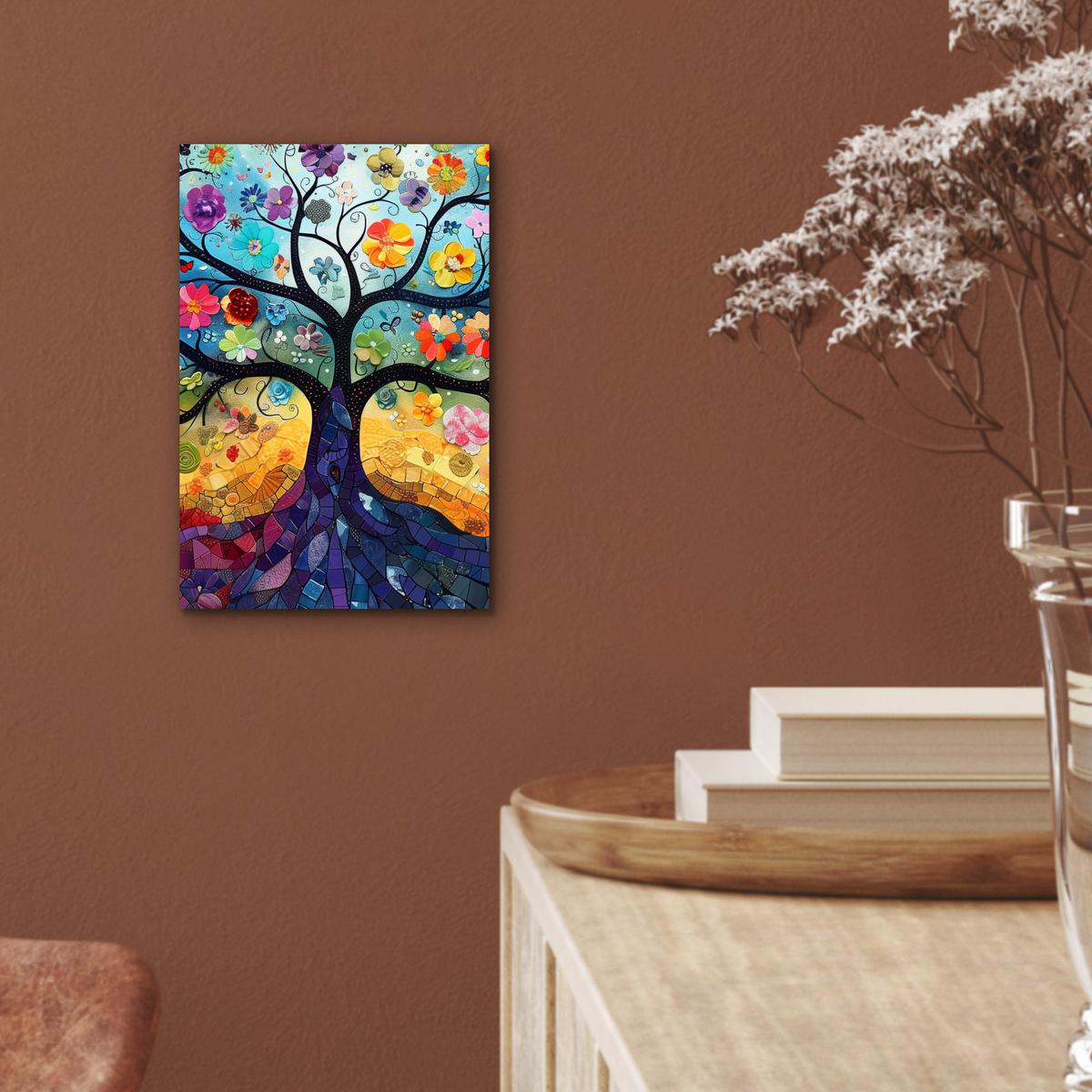 METALLBILD Kunst - Baum des Lebens - Blumen - Hippie 20x30 cm - Dunkelblau, Metall (20/30cm) - MuchoWow