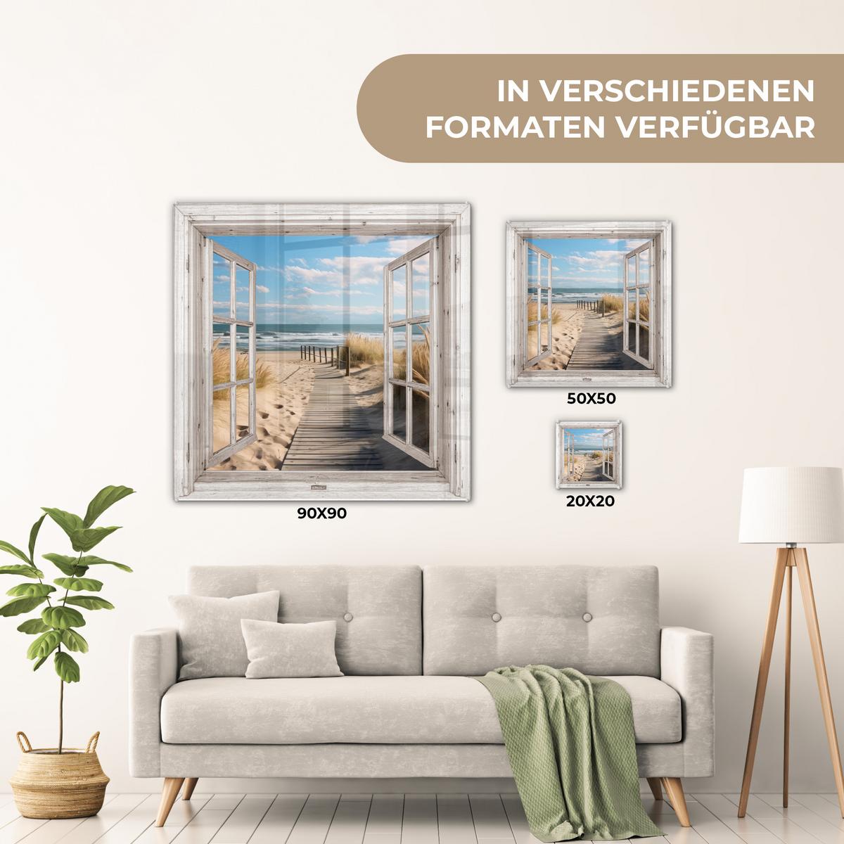 ACRYLGLASBILD Fenster - Meer - Küste - Natur - Ausblick - Strand - Wattenmeer 90x90 cm - Beige, Glas (90/90cm) - MuchoWow