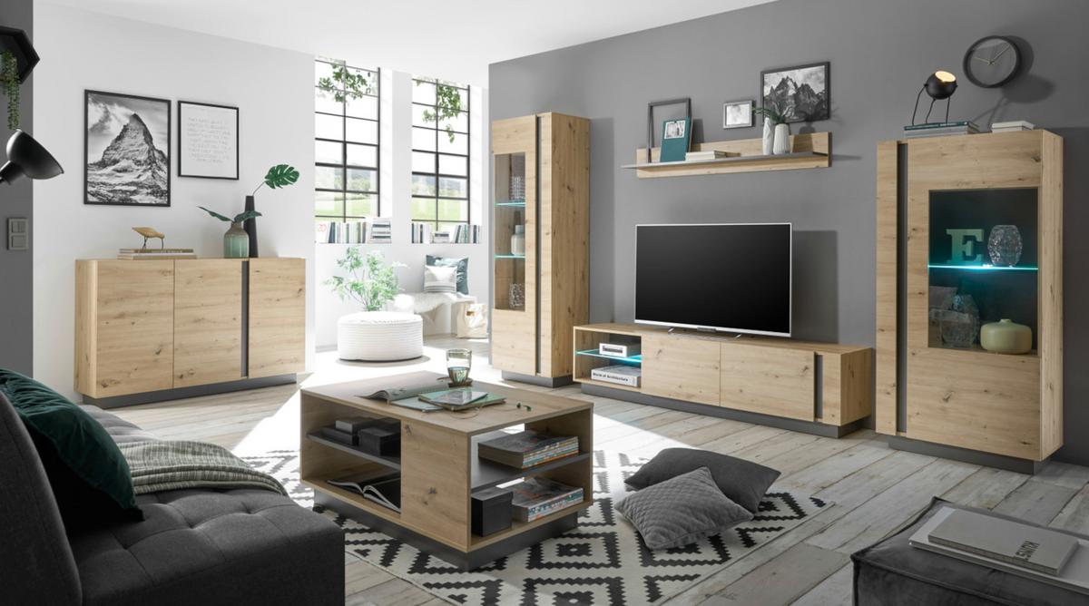 SIDEBOARD Eiche Artisan, Graphit grau 138 cm, Kommode mit Soft-Close - Eiche Artisan/Grau, Holz/Holzwerkstoff (138/91/40cm) - Furn.Design