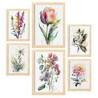 POSTER Set Mit 6 Wilde Blumen Vollfarbige Natur Und Botanikdrucke Mit Blumenmotiven Auf Reinweißen Hintergründen A3 & A4 Rahmen Aus Hellem Holz - Beige, Papier (29/3cm) - Nacnic