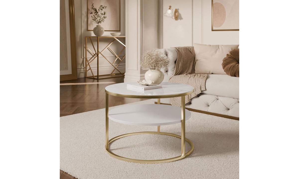 COUCHTISCH CIRI SLIM QUARZKOMPOSIT Ø60/40 cm gebürstetes Gold / Marmor - Goldfarben/Weiß, Holzwerkstoff/Stein (60/60/40cm) - Lookway