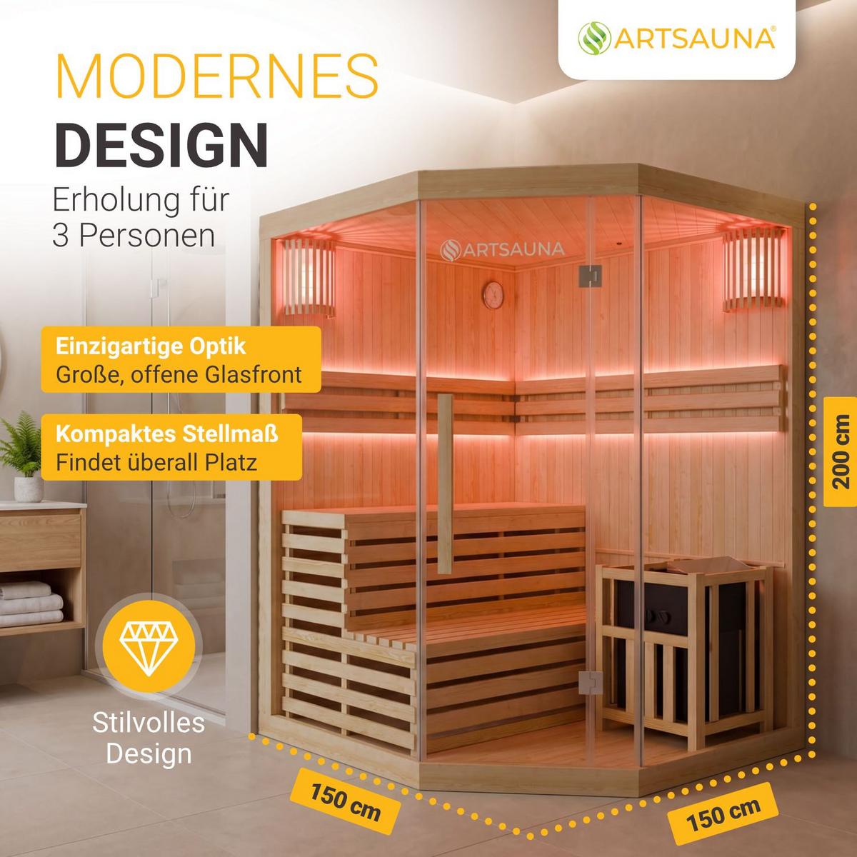 SAUNAKABINE Finnische Sauna Espoo150 Premium - Naturfarben, Holz (150/200/150cm) - Artsauna