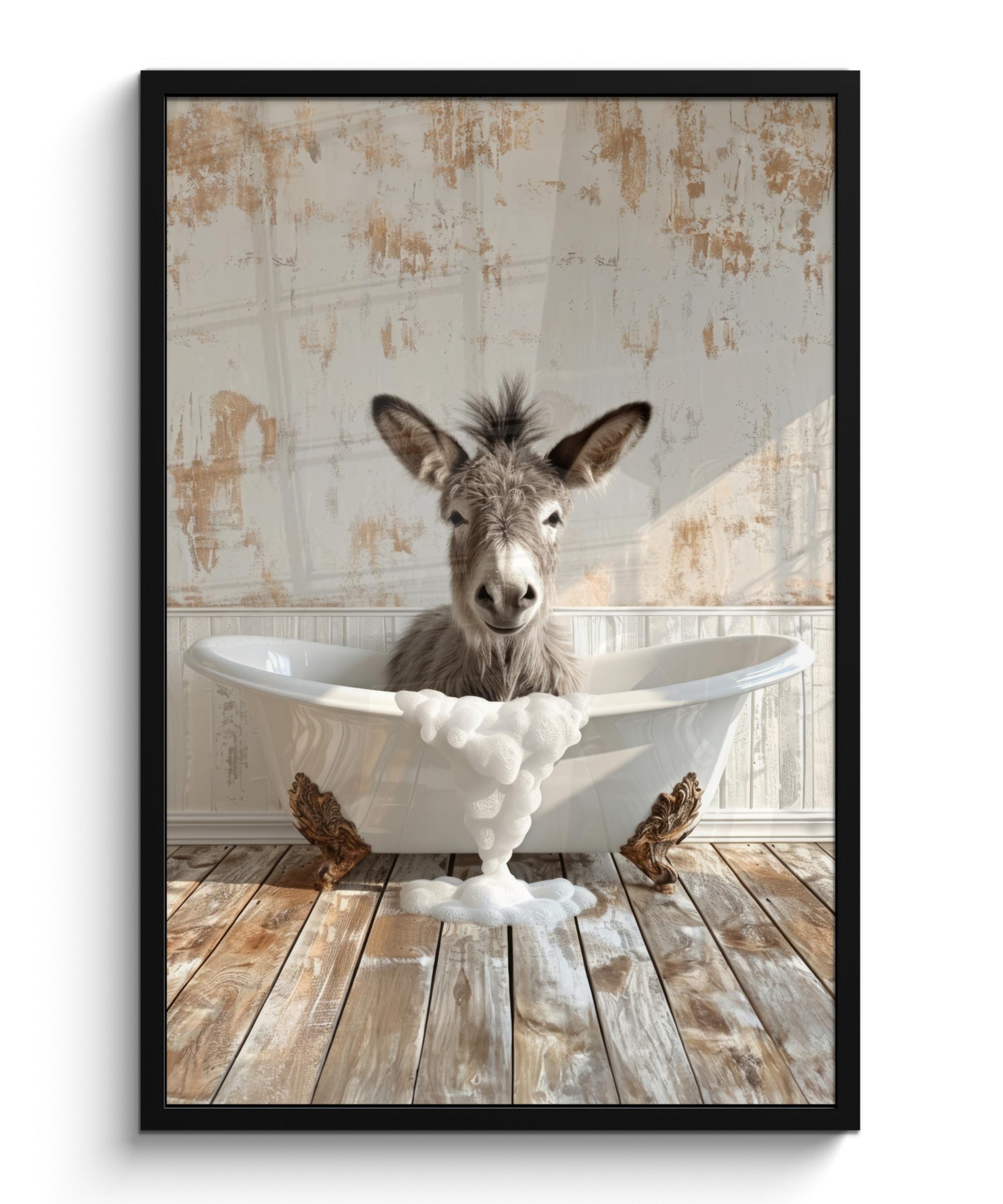 POSTER MIT RAHMEN Esel - Tiere - Badewanne - Schaumstoff 60x90 cm - Weiß, Papier (60/90cm) - MuchoWow