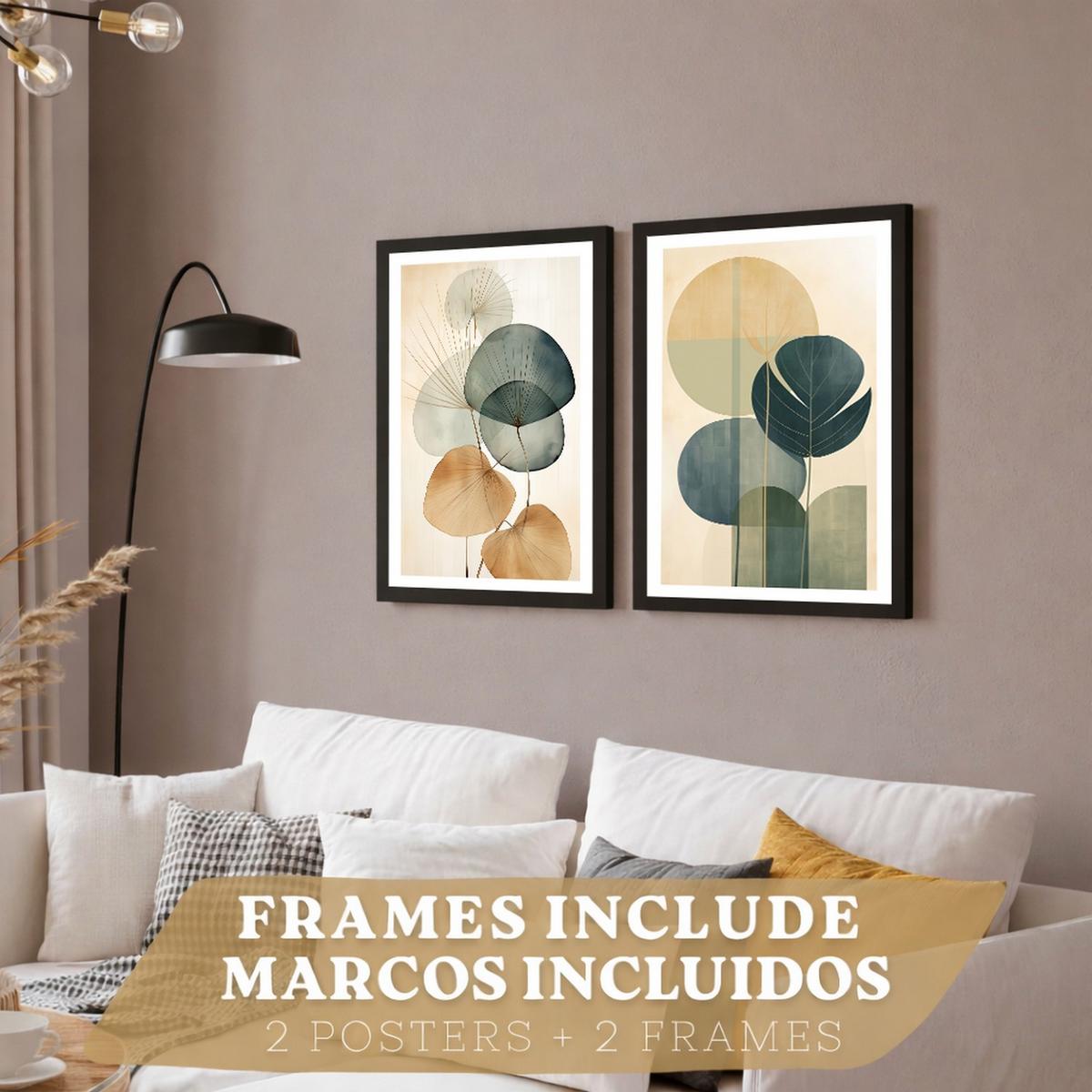POSTER 2er Bilder-Set Wandbilder Geometrische Blumen modern Wohnzimmer Deko, Schlafzimmer, Küche, Badezimmer Schwarzer Rahmen A3 - Schwarz, Papier (29.7/1/42cm) - Nacnic