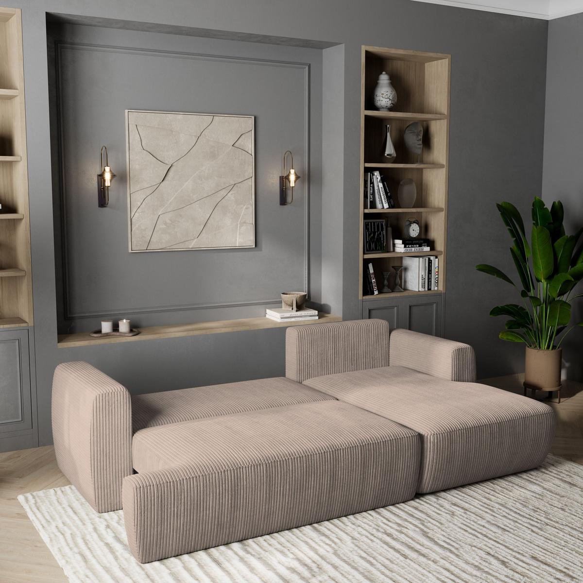 ECKSOFA SENTI P R-S Beige Kordstoff mit Schlaffunktion - Beige/Schwarz, Holz/Kunststoff (246/148cm) - MASSENO