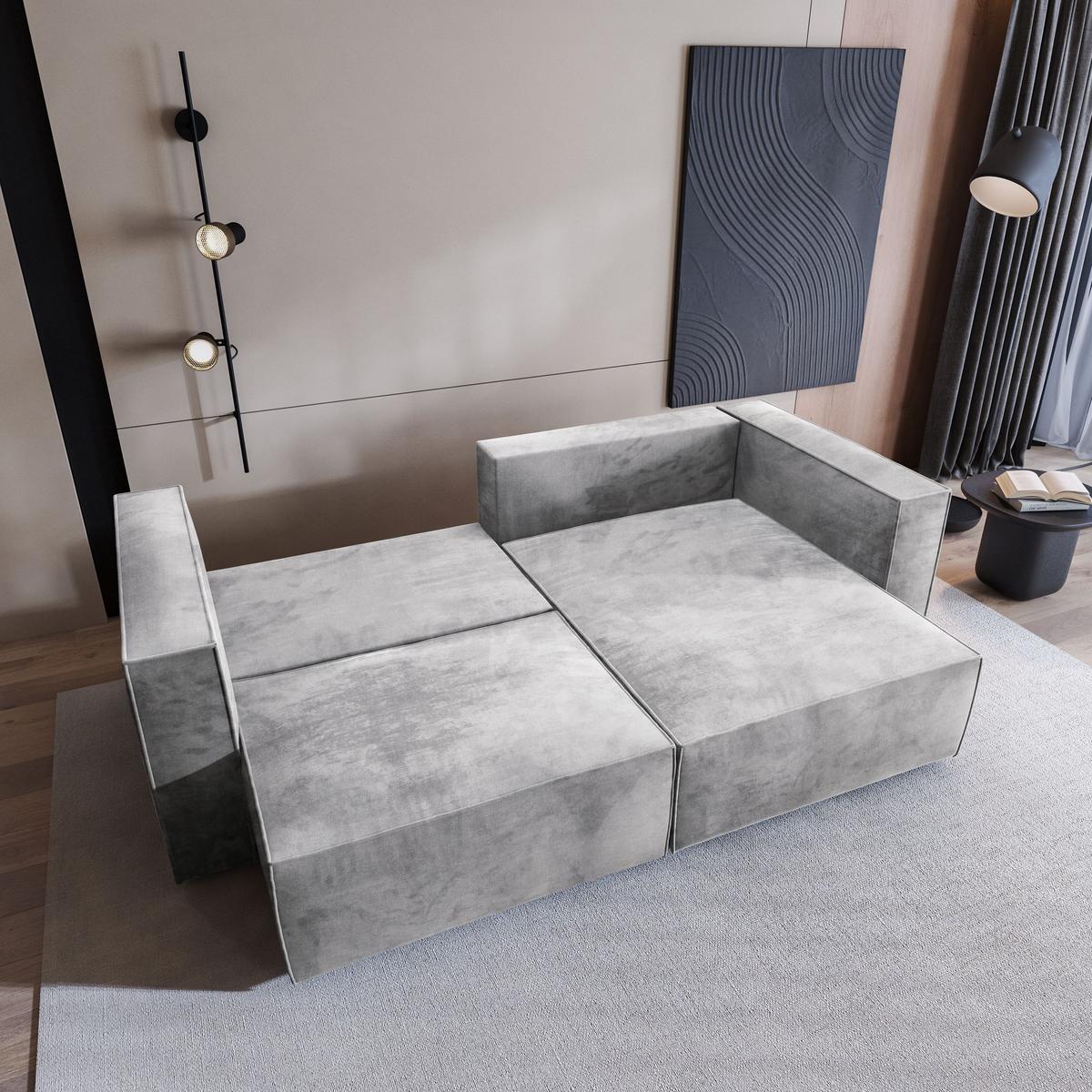 ECKSOFA NERIO M Hellgrau Velours-Stoff mit Schlaffunktion - Hellgrau/Grau, Holz/Kunststoff (245/148cm) - MASSENO