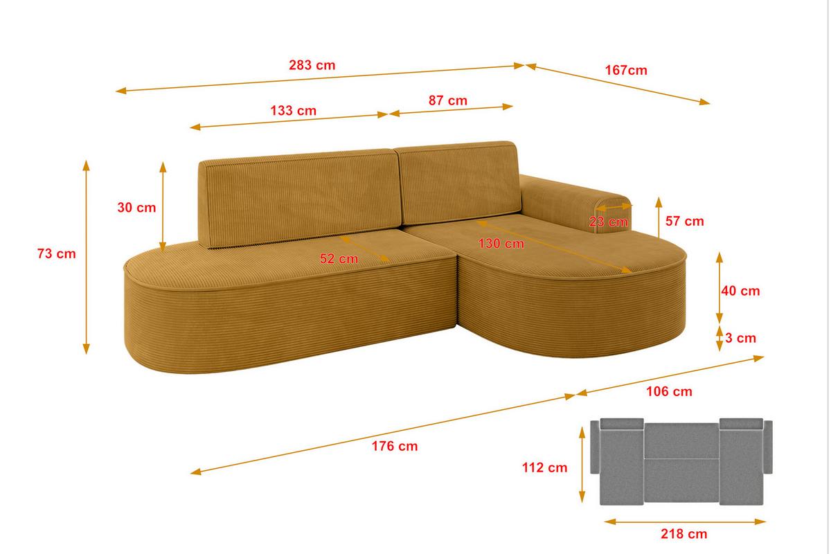 ECKSOFA mit Schlaffunktion und Bettkasten Ottomane Rechts MARI-L1-S - 283x167x73 cm Senfgelb Cord - Gelb/Schwarz, Holzwerkstoff/Kunststoff (167/283cm) - ALTDECOR