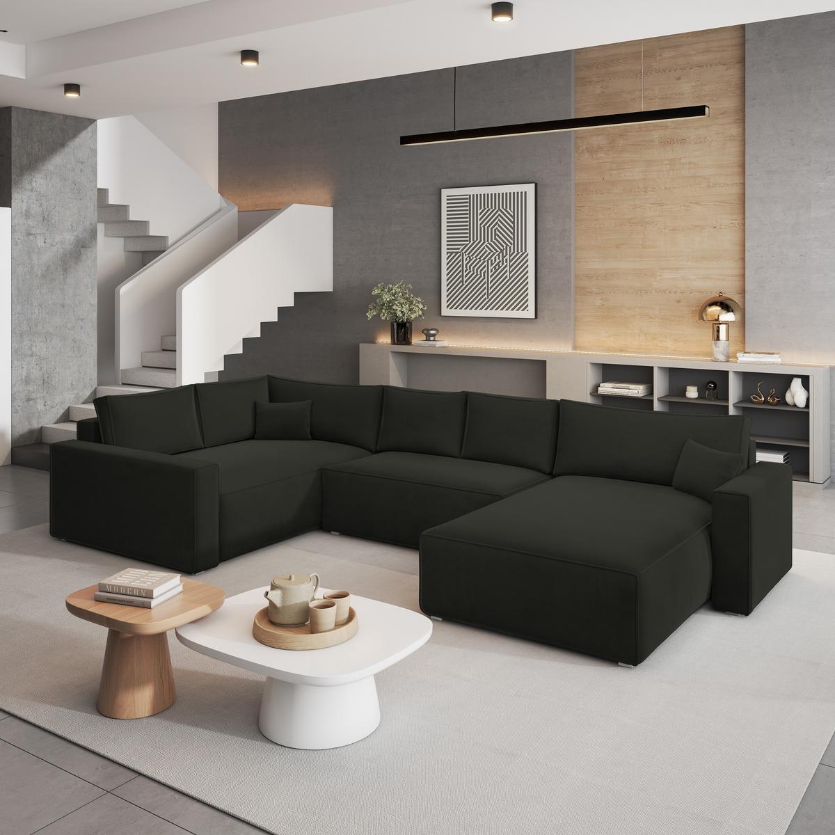 WOHNLANDSCHAFT VELAMI L-S Schwarz Velours-Stoff mit Schlaffunktion - Schwarz, Holz (365/83/194cm) - MASSENO