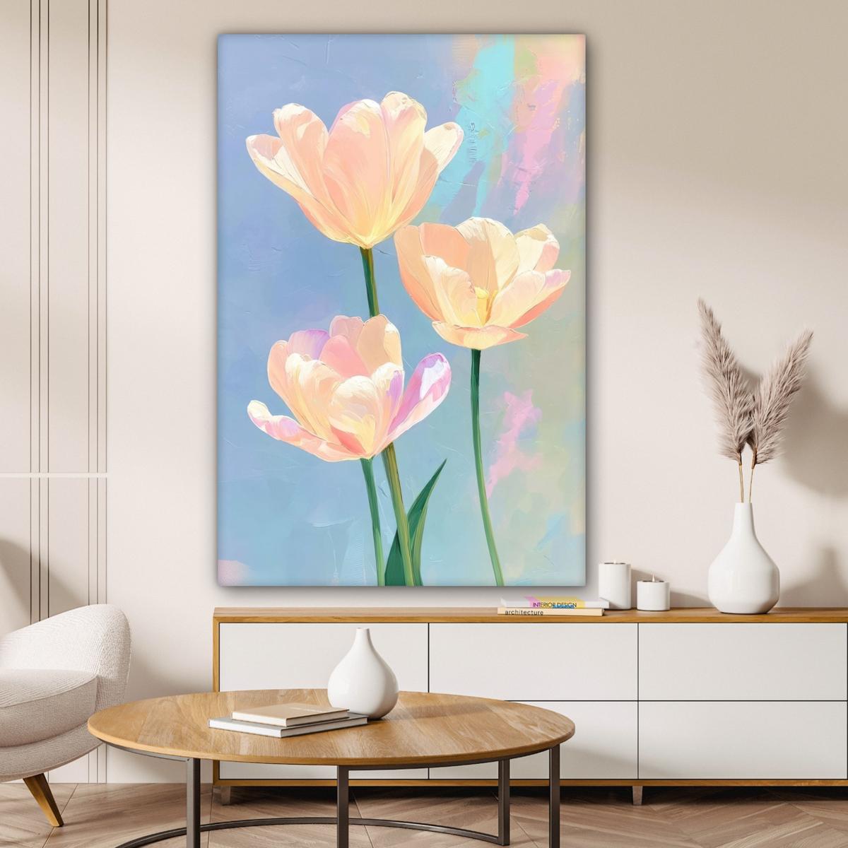 LEINWANDBILD Tulpen - Rosa Akzente - Blau Deko XXL 80x120 cm - Pastellblau, Textil (80/120cm) - MuchoWow