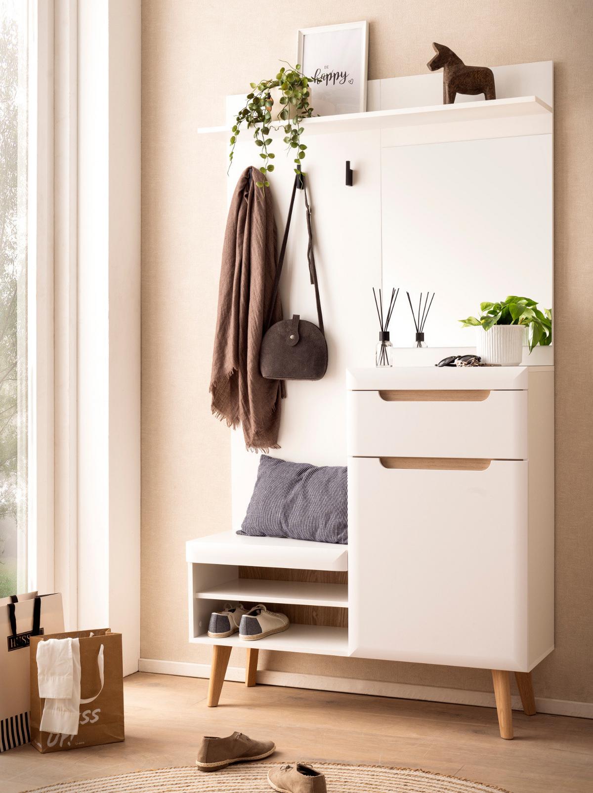 GARDEROBEN-SET weiß matt, Eiche, Kompaktgarderobe skandinavisch 110x197 cm - Eichefarben/Weiß, Glas/Holz (107/197/34cm) - Furn.Design