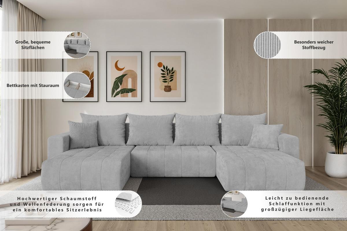 WOHNLANDSCHAFT mit Schlaffunktion und Bettkasten MILA-U 378x194x86 Grau Bouclé - Schieferfarben/Schwarz, Holzwerkstoff/Kunststoff (378/86/194cm) - ALTDECOR