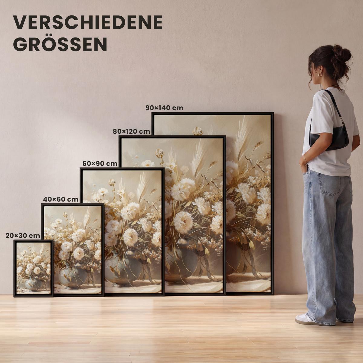 LEINWAND Bilder mit Rahmen - Blumen - Vase - Stilleben - Beige - 100x150 - Creme, Textil (100/150cm) - MuchoWow