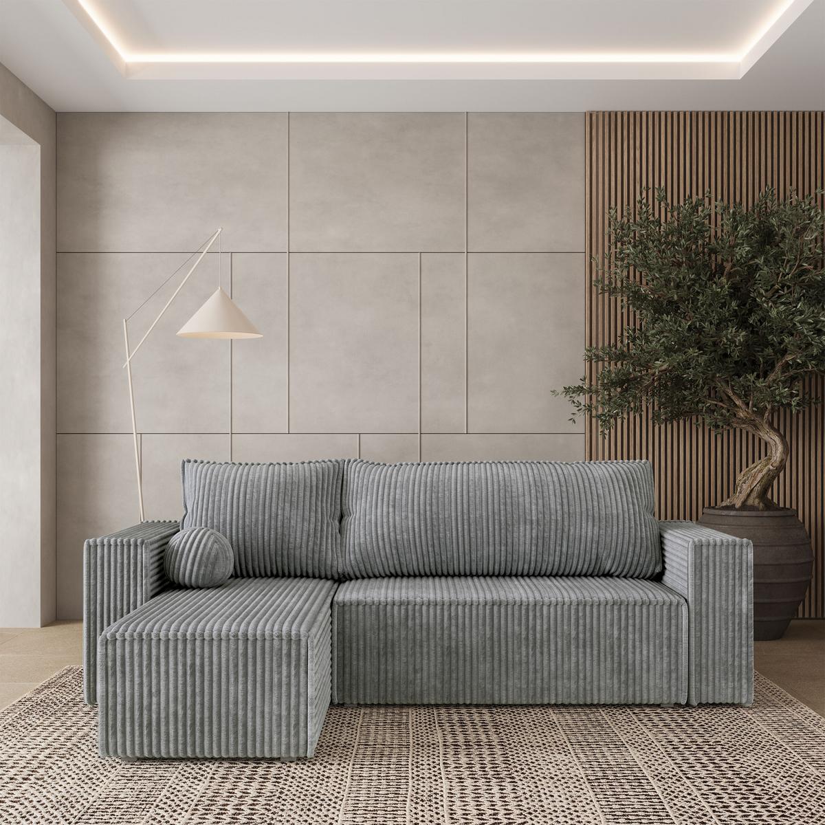 ECKSOFA RAVELO T Hellgrau Kordstoff mit Schlaffunktion - Hellgrau/Grau, Holz/Kunststoff (240/140cm) - MASSENO