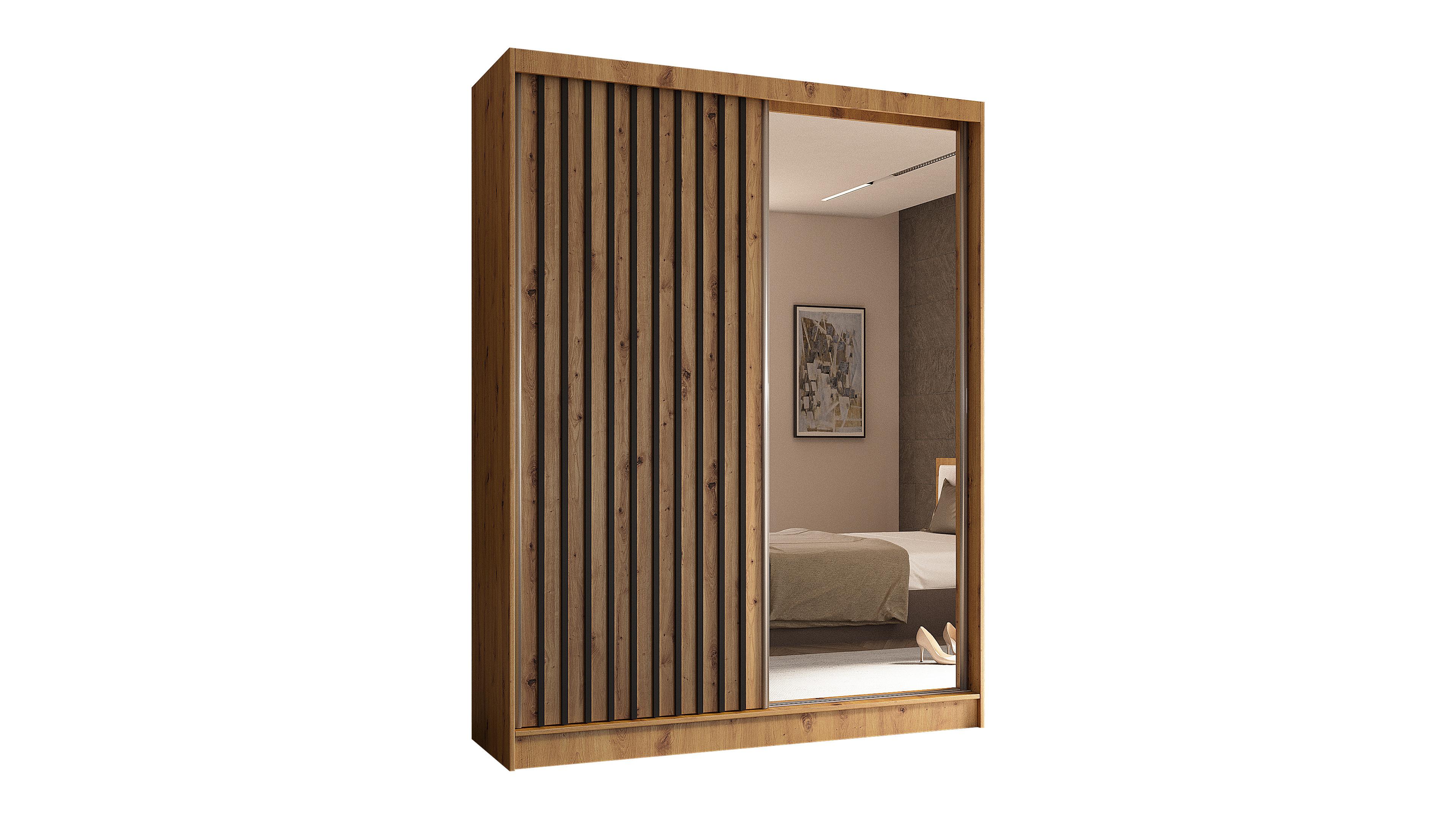 KLEIDERSCHRANK mit Spiegel-Schiebetüren und Aluminium-Leisten, LED-Beleuchtung - LAMELO- 160 cm Artisan+Artisan+Schwarz - Schwarz/Eiche Artisan, Holzwerkstoff (160/216/61cm) - ALTDECOR