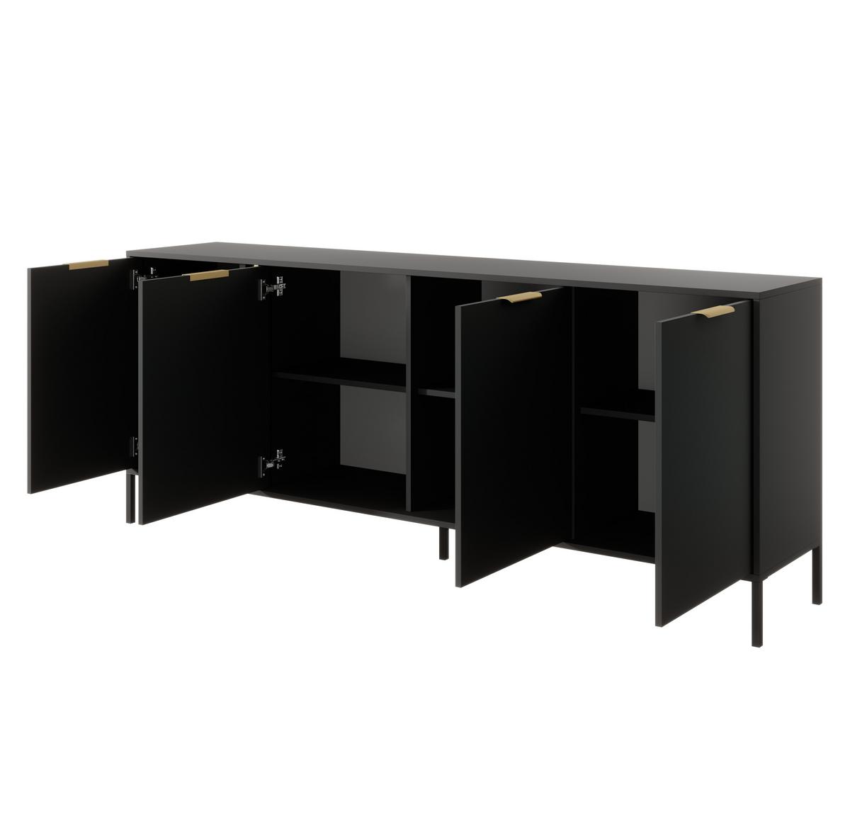 SIDEBOARD Catanian 4T Grau 202,9/81,4/39,5 cm – mit goldenen Griffen und schwarzen Beinen - Schwarz/Grau, Holzwerkstoff/Metall (202.9/81.4/39.5cm) - AX Living