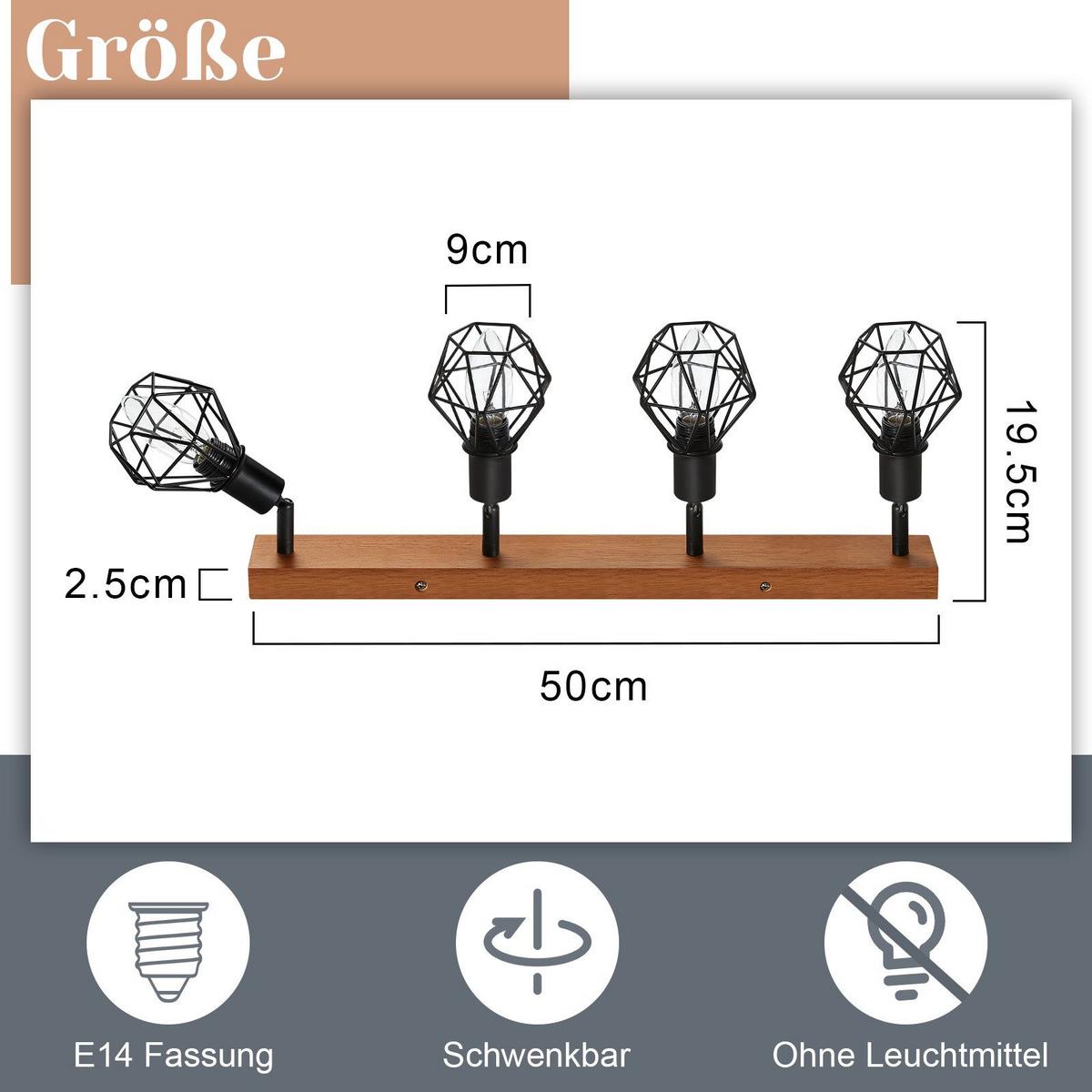 DECKENSTRAHLER Schläger 4-flammig 20/9/50 cm - Schwarz, Metall (20/9/50cm) - Nettlife