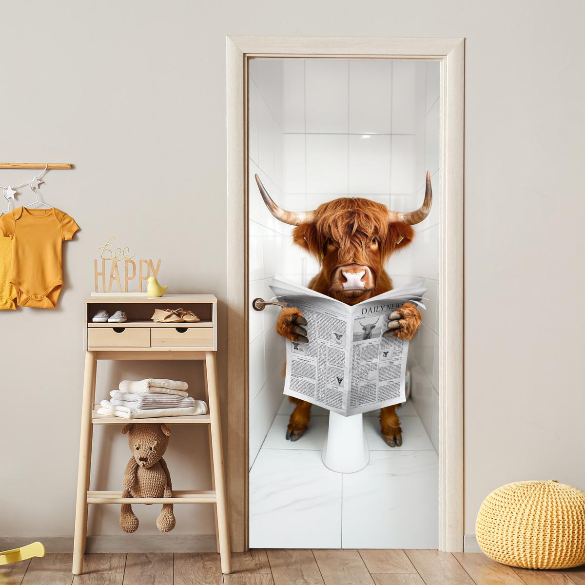 TÜRAUFKLEBER Scottish Highlander - Zeitung - WC - Tier 85x215 cm - Türtapete - Weiß, Kunststoff (85/0.1cm) - MuchoWow